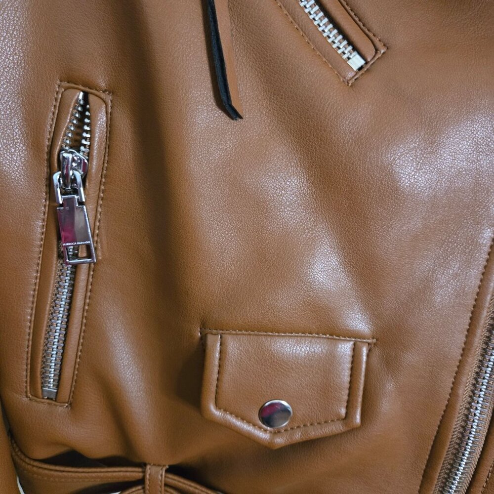 Rebecca Minkoff Faux Leather Cognac Brown Moto Jacket Belted Biker Size S - Picture 4 of 7